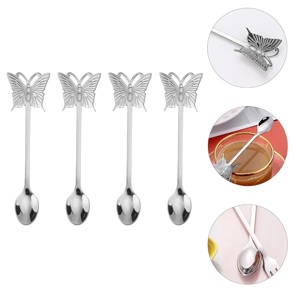 

4 Pcs Butterfly Fork Spoon Set Silverware Long Handle Scoop Stainless Steel Spoons Drinks Dessert Scoops Child