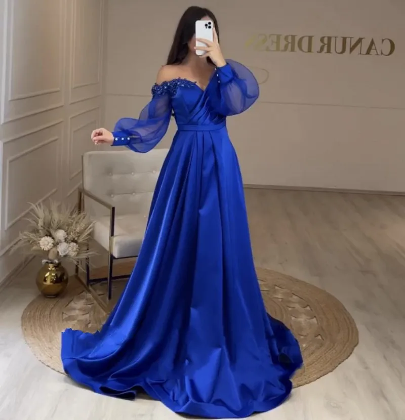 Royal Blue Women Evening Dresses 2023 Long Sleeves V-Neck Satin Appliques Beads Prom Formal Celebrity Gowns Robe De Soiree