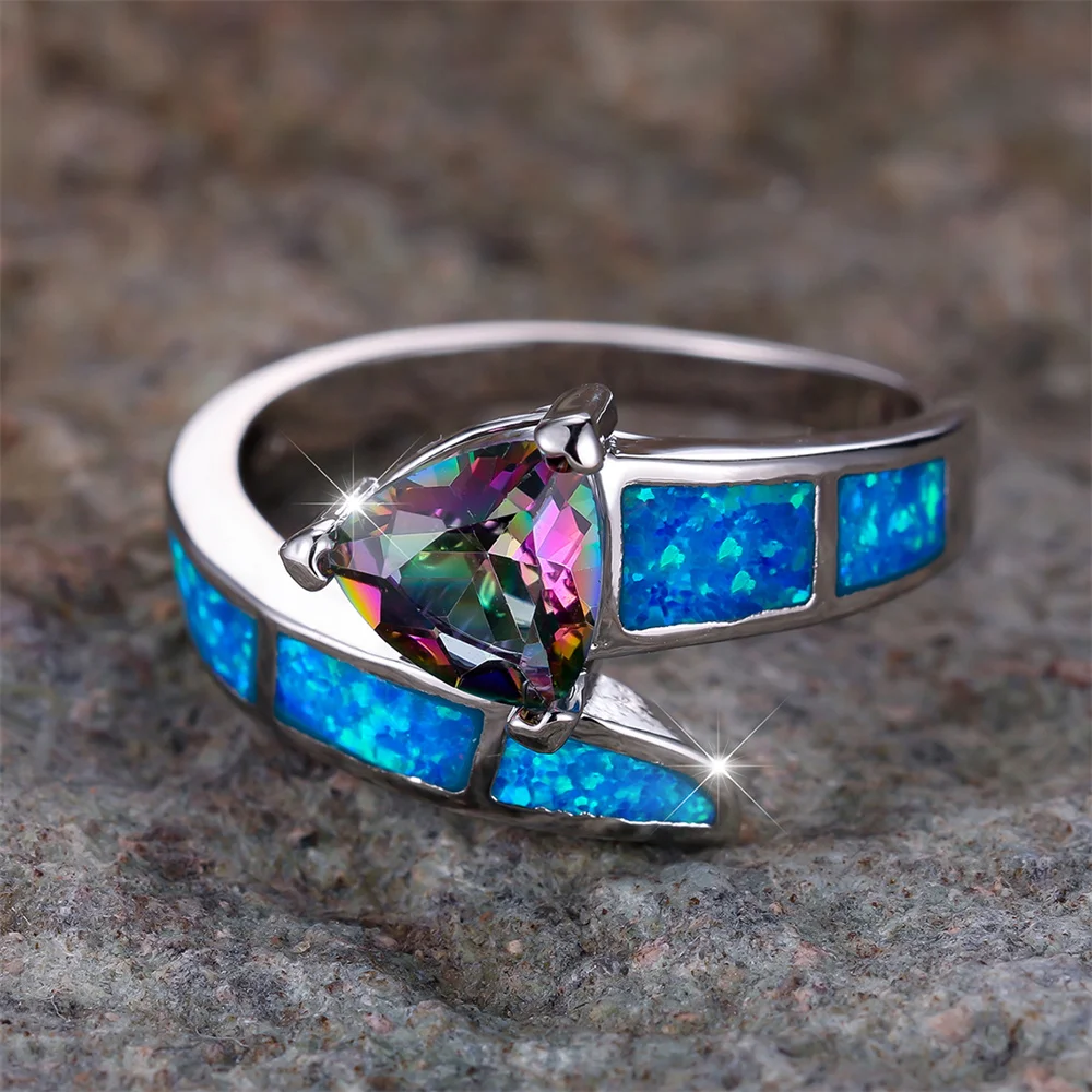 Mystic Rainbow Triangle CZ Stone Ring Blue Fire Opal Engagement Band Rings For Women Vintage Trendy Silver Color Wedding Jewelry