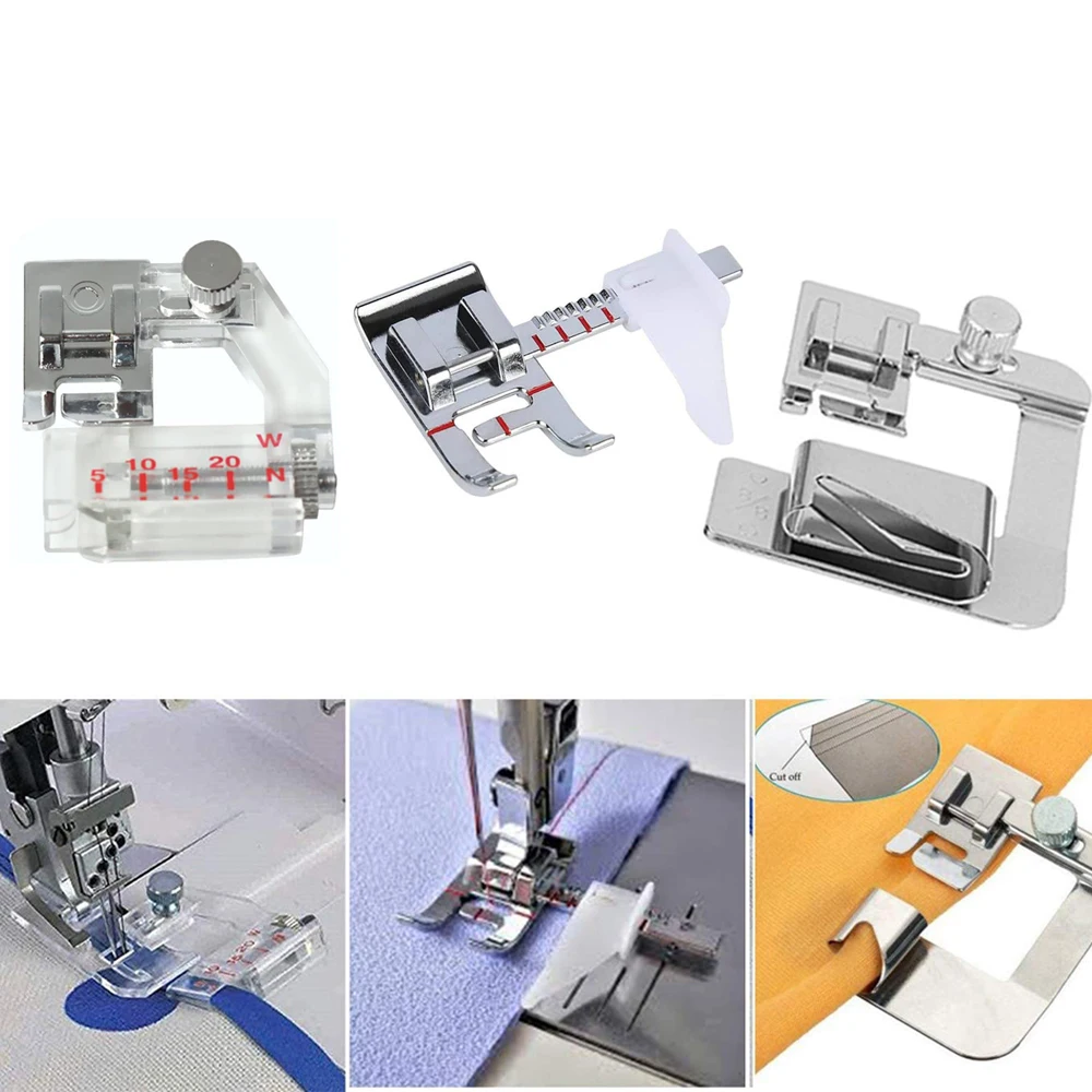 

3 Size Wide Rolled Hem Presser Foot Hemmer Foot Set Adjustable Tap Bias Binder Foot Adjustable Guide Feet for Singer, Brother