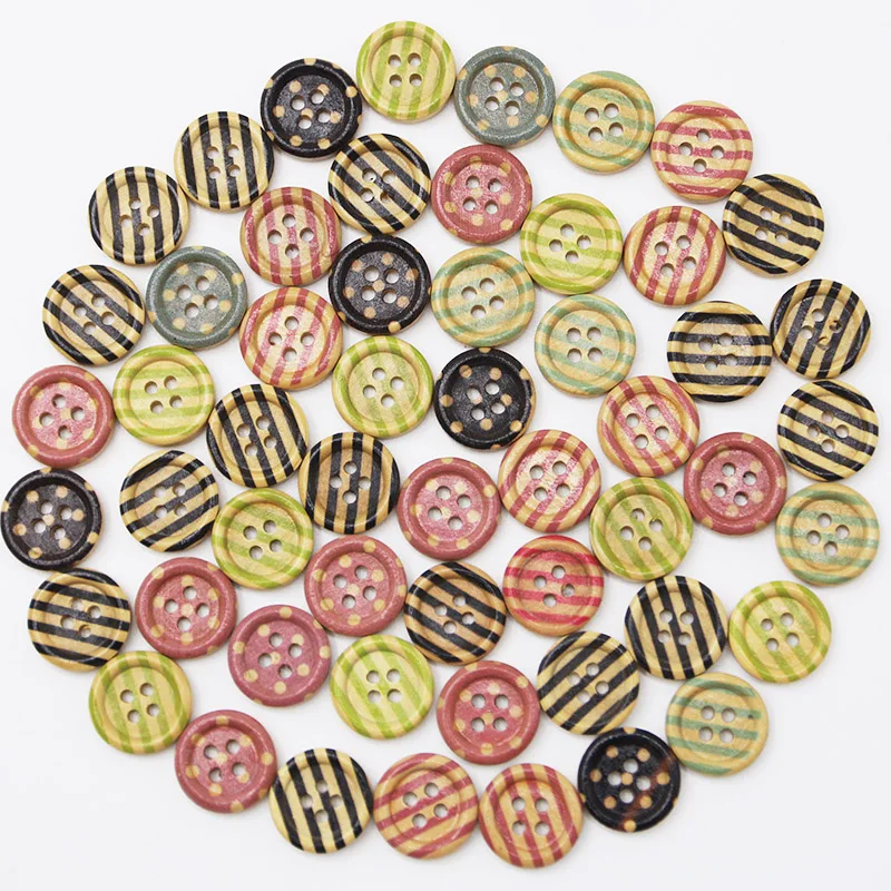 (100 Pieces/bag) 1.5cm 4-hole Painted Striped Button Circular Wooden Handmade DIY Retro Decorative Button