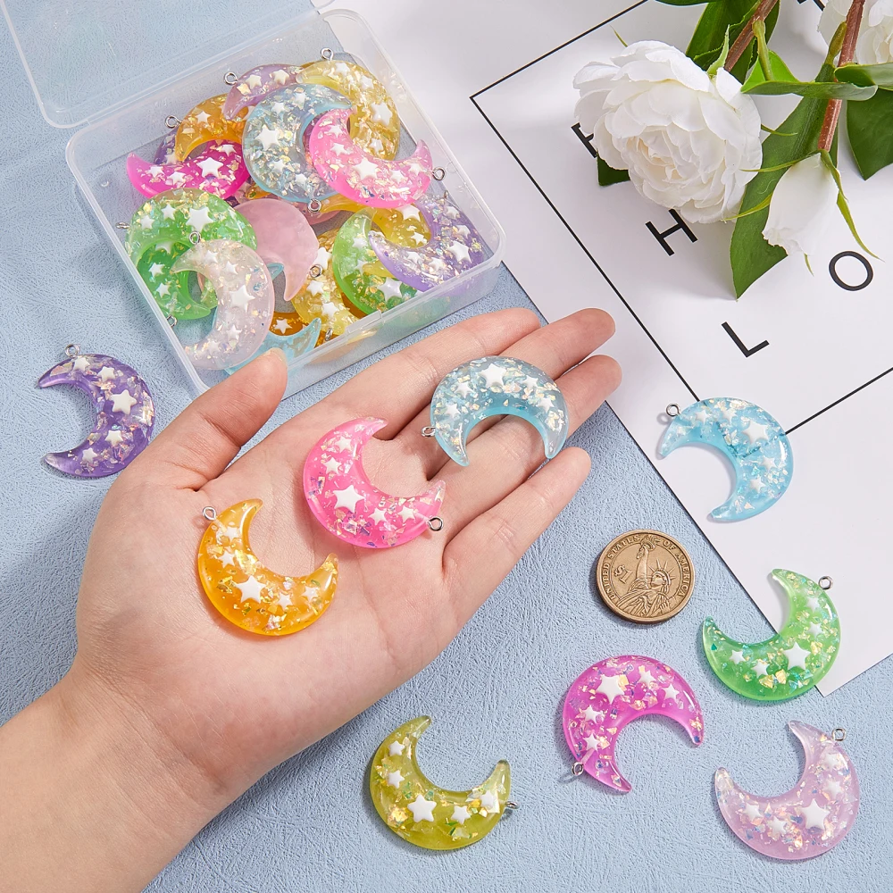 28Pcs 7 Colors Moon Charms with Star Sequins/Paillette Sparkly Glitter Resin Charms Bulk for DIY Craft Adults Jewelry Making