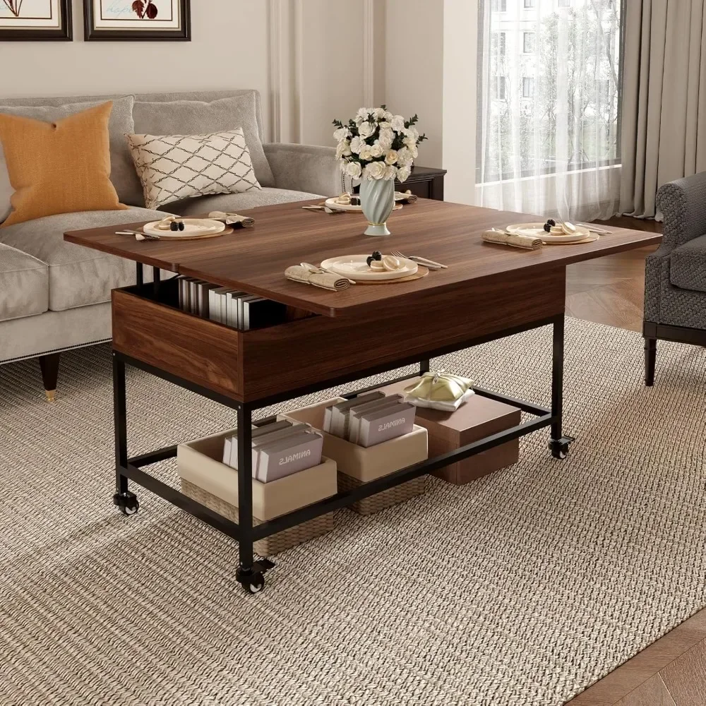 Lift Top Coffee Table, 3in1 Folding Rolling Coffee Table with Storage Drawer Push Opening, Metal Frame Wood Table
