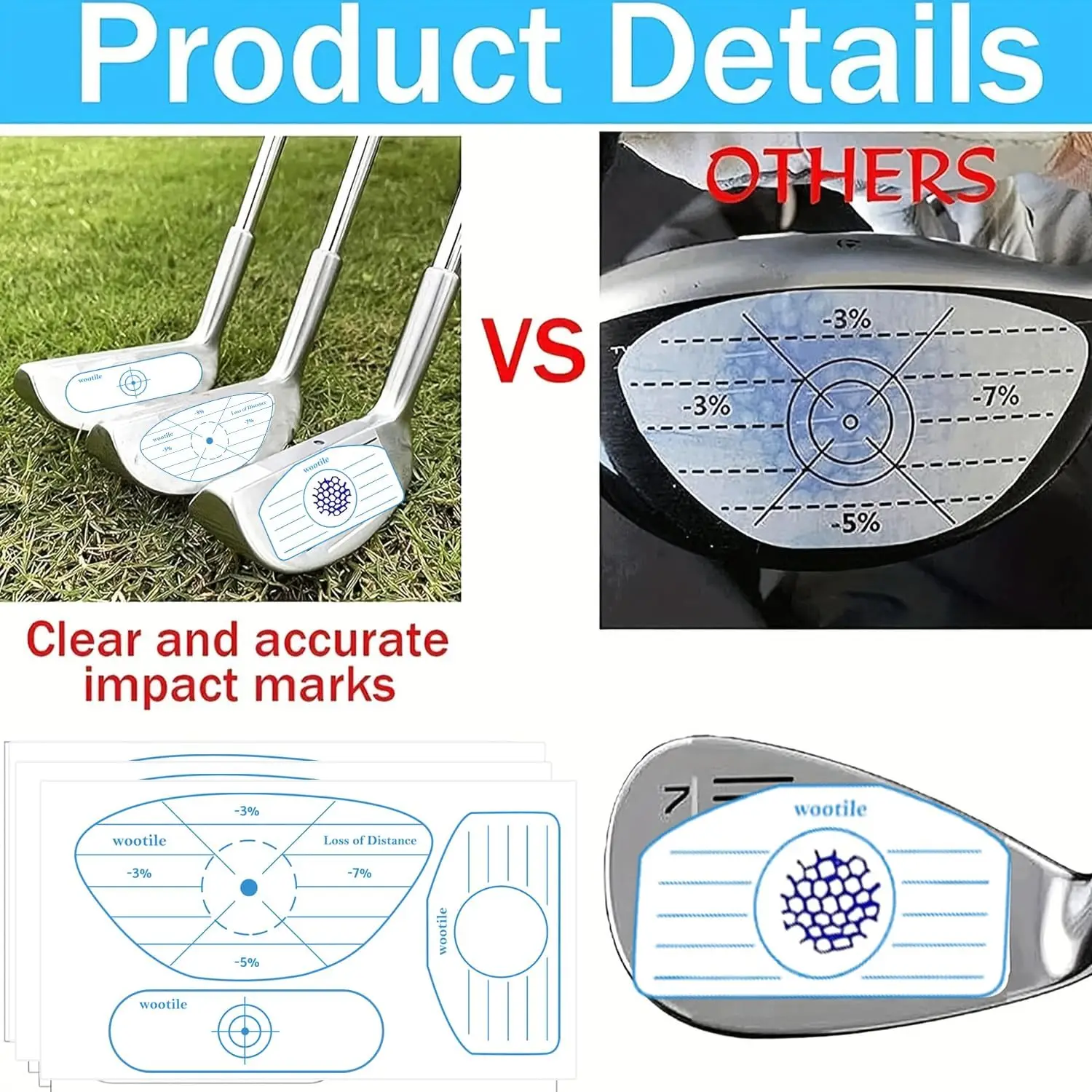 Golf Driver Blue Impact Tape Labels 300pcs Standard Self-Teaching Target Sticker Training Aids Tape Ball Hitting Swing Practice
