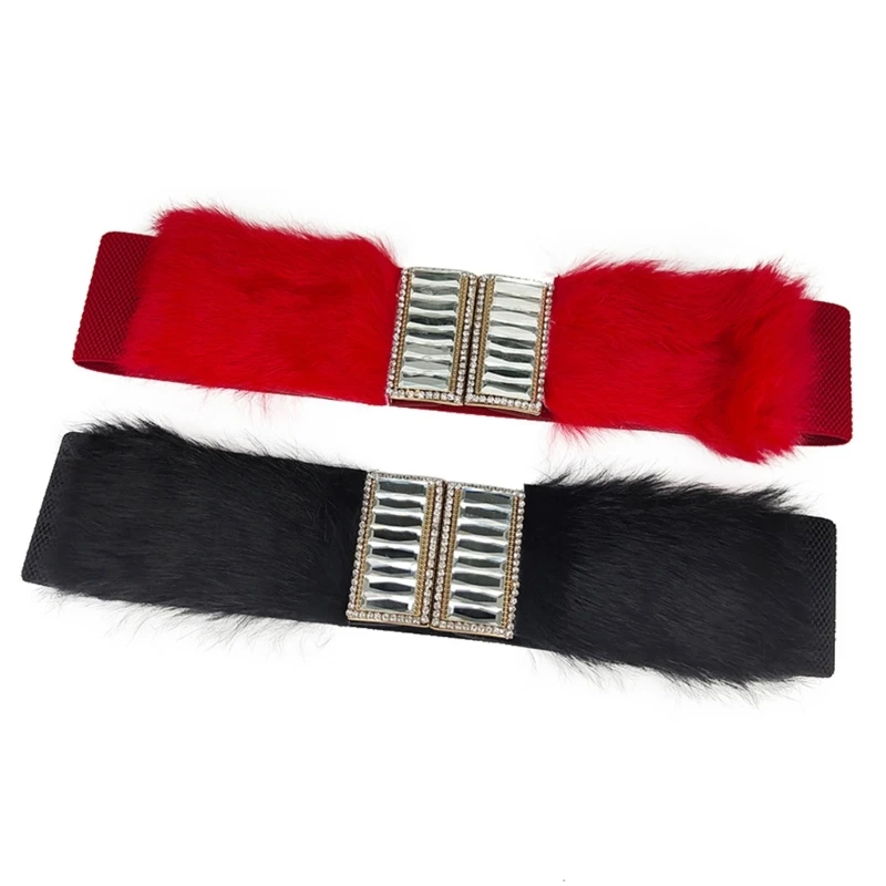 

Women Wide Stretchy Belt,Vintage Rhinestones Buckle Elastic Waist Belts for Women Dress Faux Furs Waist Belt Buckle Band