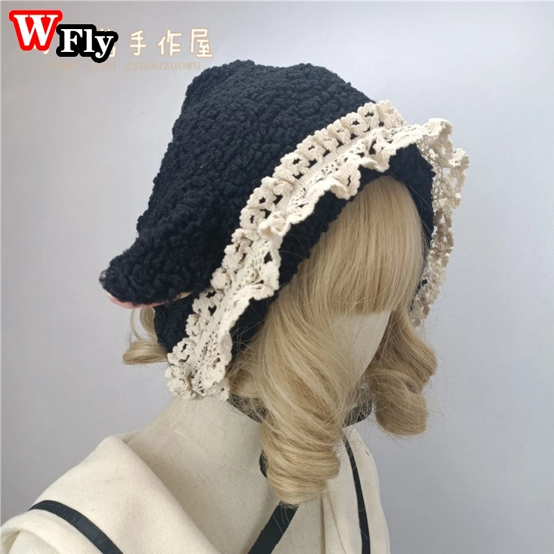 Lace Plush Lamb Ear Hat Lovely Sweet Lolita Spice Girl Daily Warm Autumn Winter Woman Japanese Ear Protection Hat winter hat