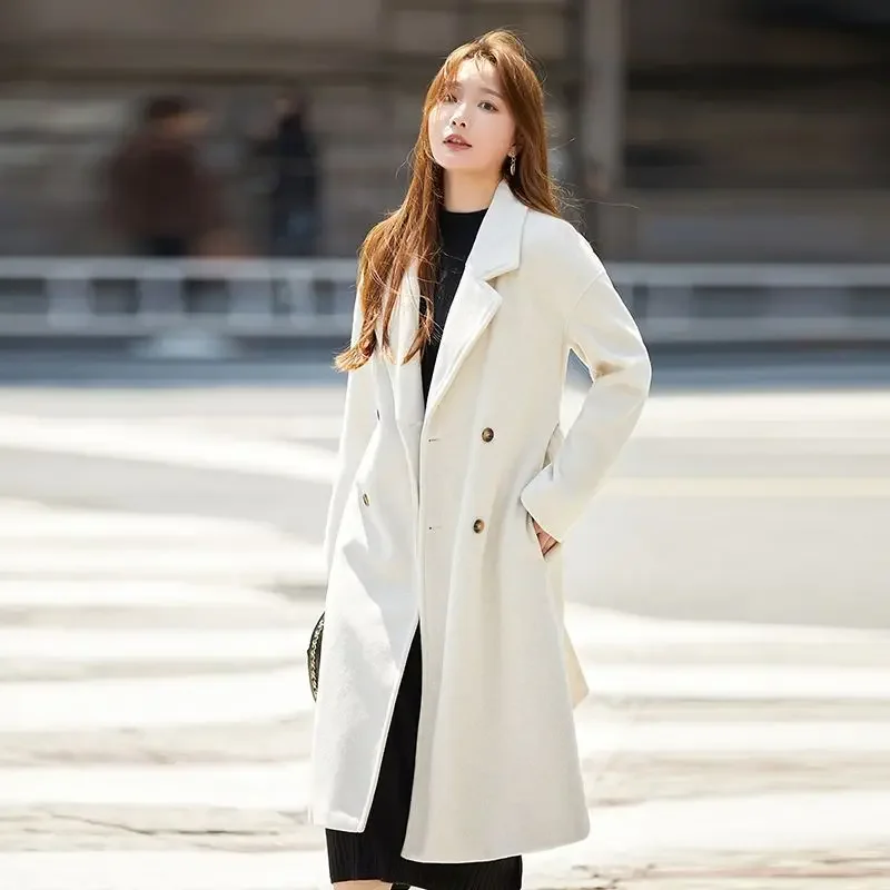 Temperament Women Woolen Coat Winter New Female Long Below The Knee Fashion Solid Color Slim Outcoat Casual Versatile Outerwear