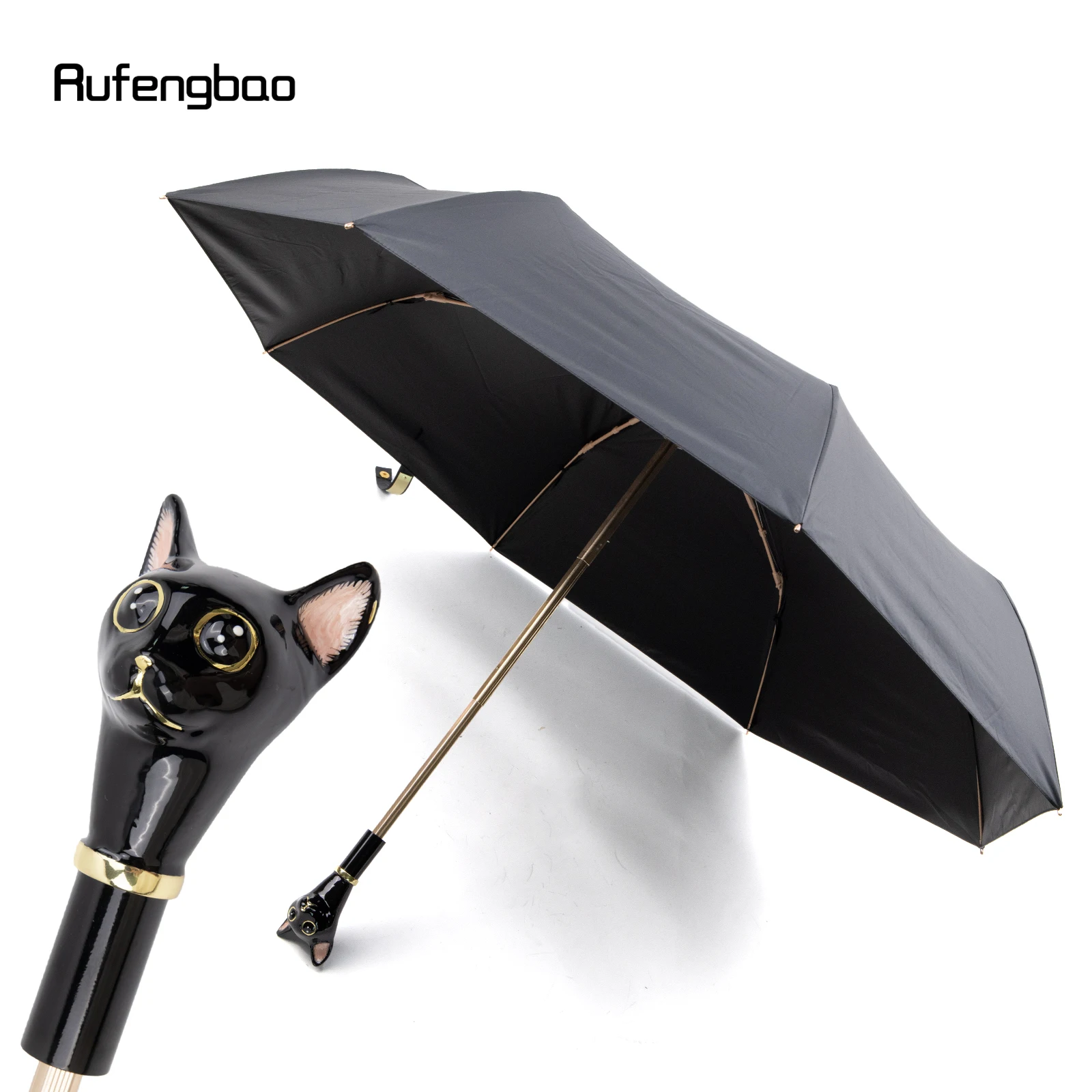 

Black Cat Kitten Handle Women Men's Umbrella, Automatic Umbrella, Folding UV Protection Sunny and Rainy Days Windproof Umbrella