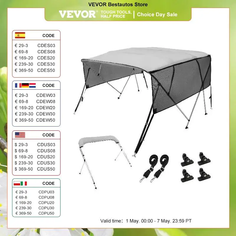 

VEVOR 4 Bow Bimini Top Boat Cover Detachable Mesh Sidewalls Polyester Canopy Aluminum Alloy Frame For Boat