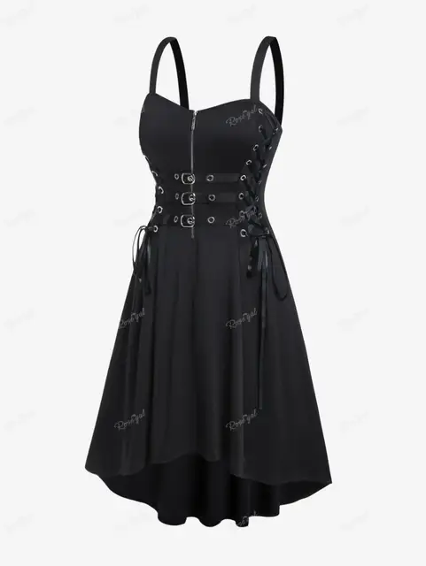 ROSEGAL Gothic Buckled Lace Up High Low Midi Dress High Waist Sweetheart Neck Asymmetrical Half Zip Sleeveless Party Punk Dress