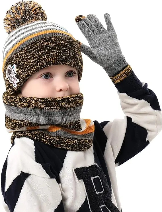 Maylisacc Winter Kids Bobble Hat Scarf Gloves Set with Double Layer Fleece Lining for Boys Girls Aged 3-8, Warm Knitted Pom Pom