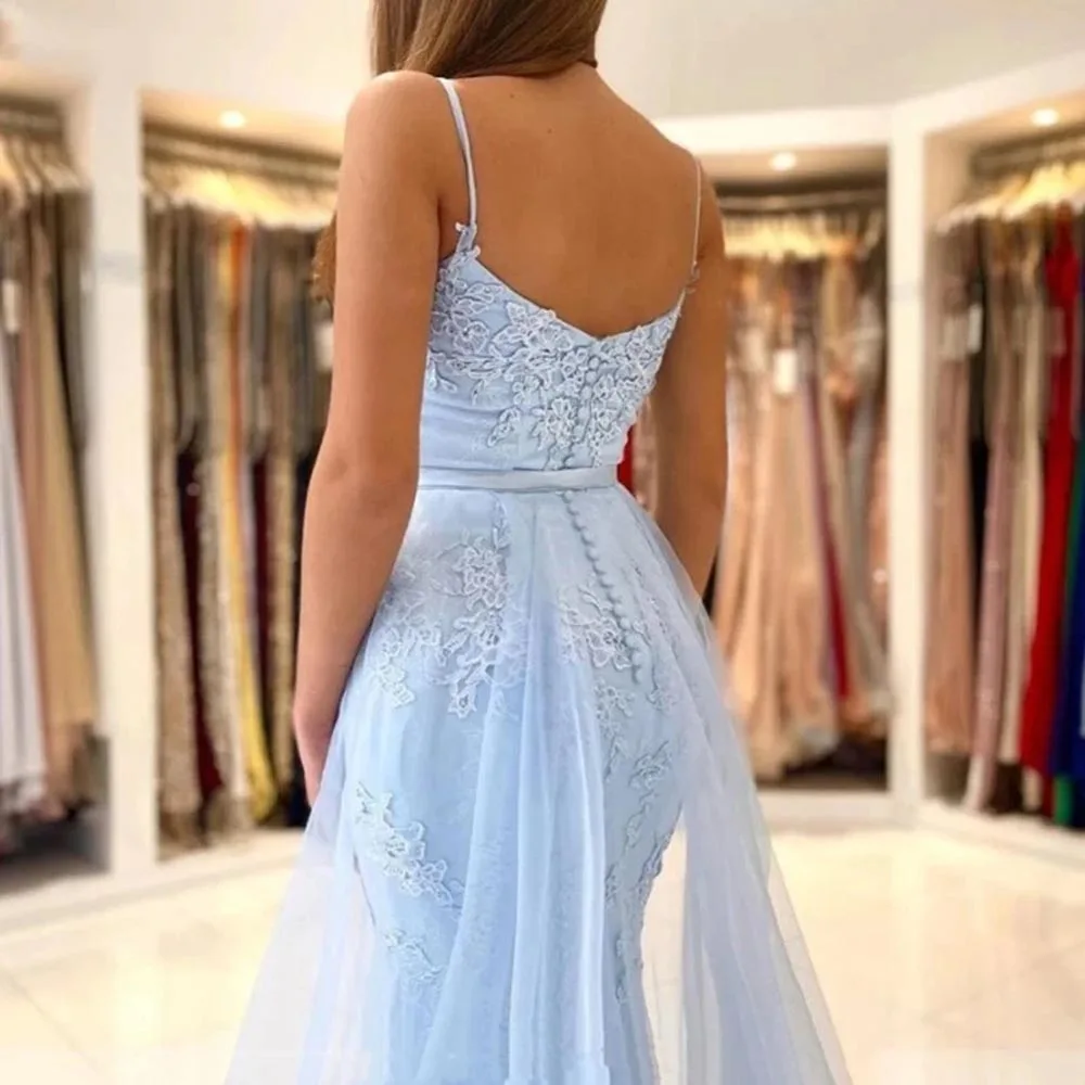 LZPOVE Mermaid Prom Dresses Light Blue Sweetheart Appliques Lace Evening Dress 2024 Detachable Tulle Train Formal Party Gowns