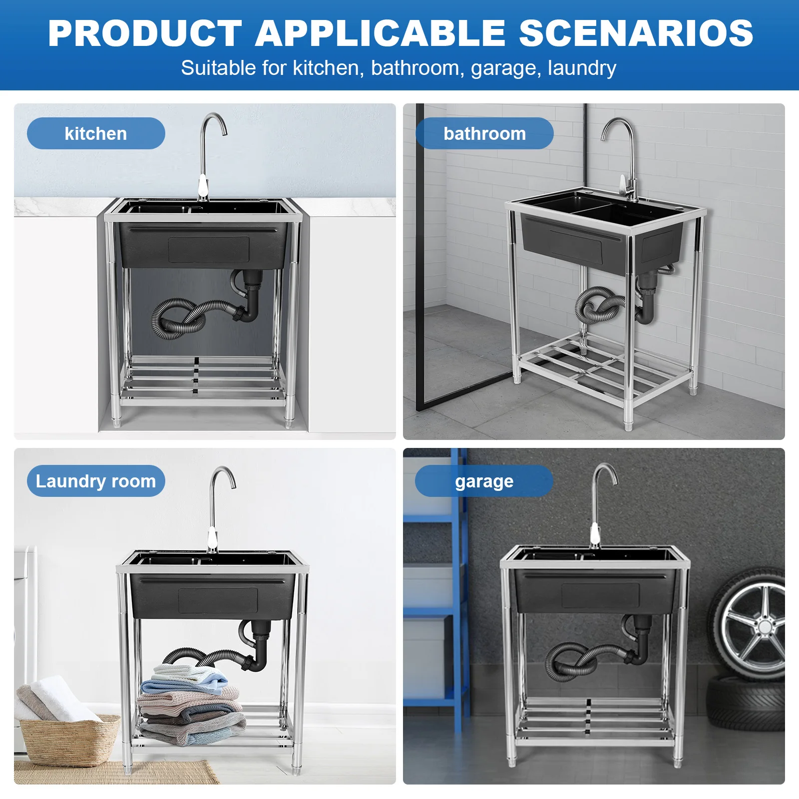 Single Bowl Sink Set Adjustable Stand Freestanding Utility Sink Rust Proof for Kitchen Bathrooms Laundry Room