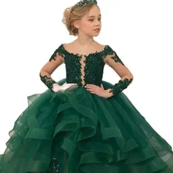Long Sleeves Girl Birthday Dress Green Lace Flower Girl Dress Wedding Party Dress Christmas Girl Princess Dresses First Communio
