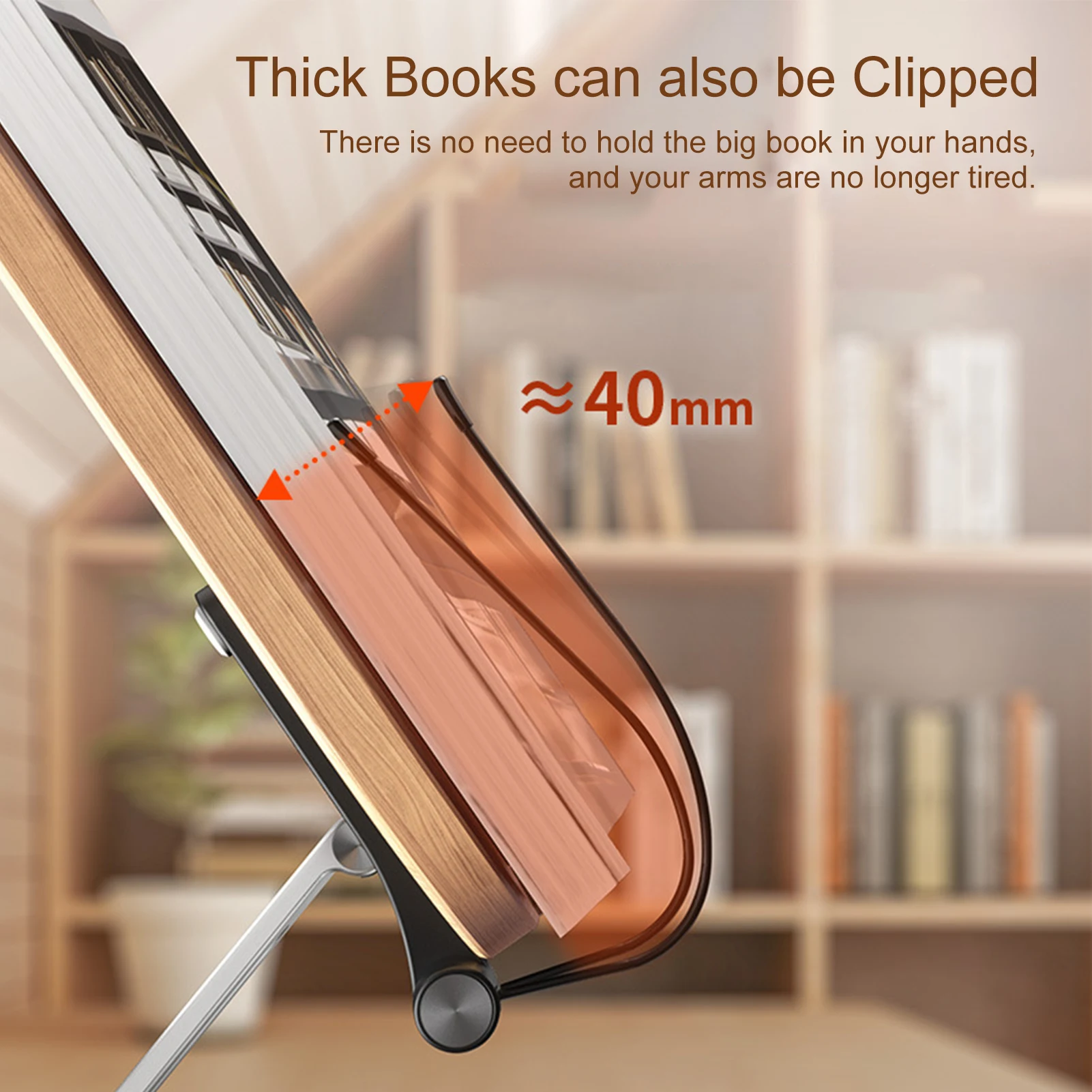 Soporte de libro de metal para lectura, soporte de libro giratorio de 180°  con clips de papel, soporte de madera para libros de cocina, soporte para