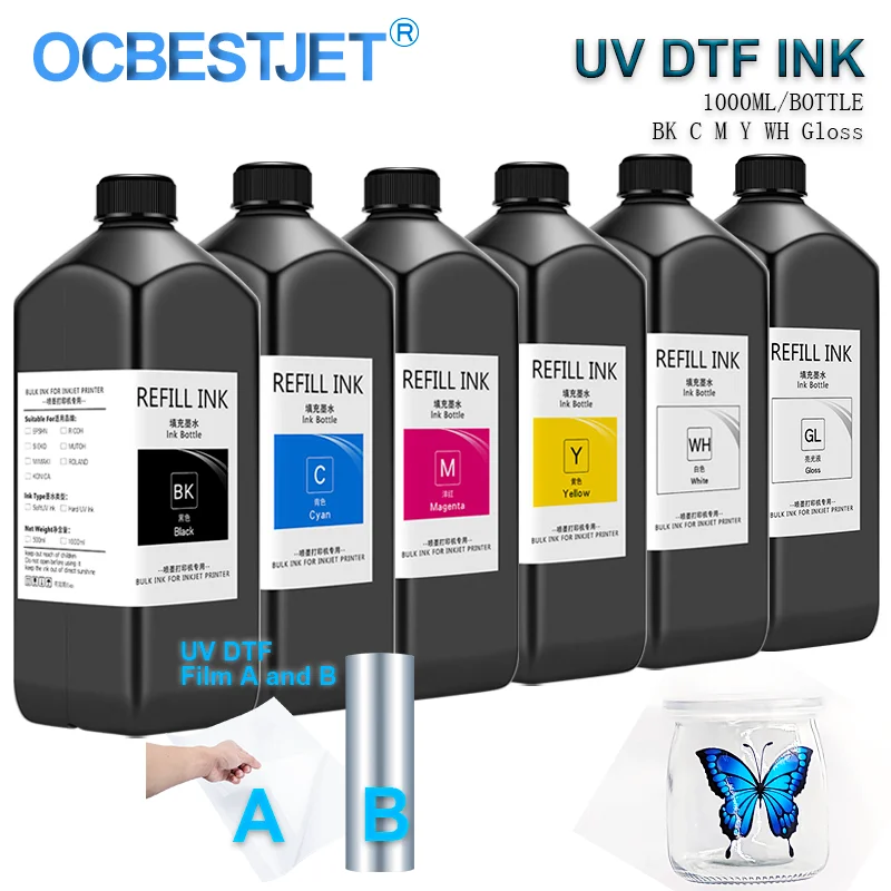 Dtf Tinta e Verniz Filme a b para Impressora Epson Xp600 Tx800 1390 L800 L1800 L805 Kit de Recarga de Tinta uv 1000ml Garrafa uv