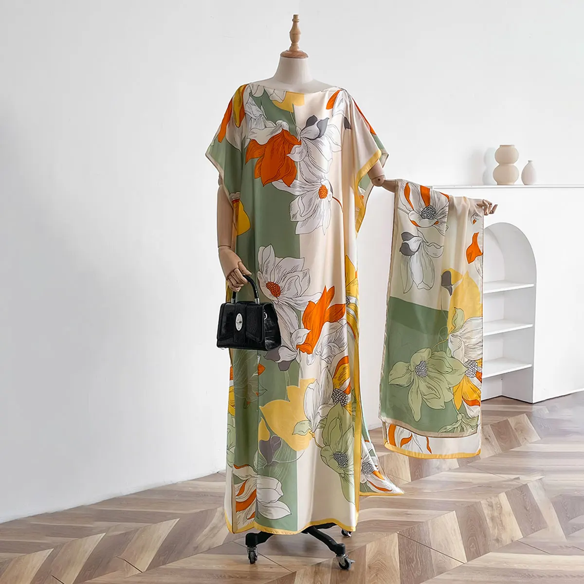 2025 Fashion Dubai Abaya For Women Summer Short Sleeve Cotton Print Dress Loose Lady Maxi Islam African Dress With Big Scarf