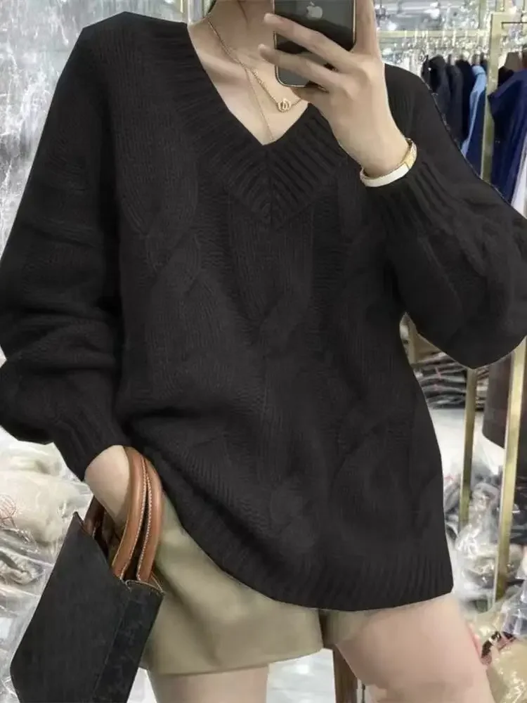 Autumn and Winter New Women's Clothing V-neck Retro Twist Women's Long-sleeved Sweater Elegant Solid Color Knitwear Pullovers