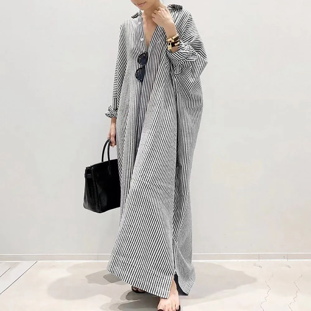 New Design Women's Muslim Clothing Spring Fall Cardigan Lapel Abaya Striped Long Sleeved Shirt Long Robe Moroccan Turkish Dress