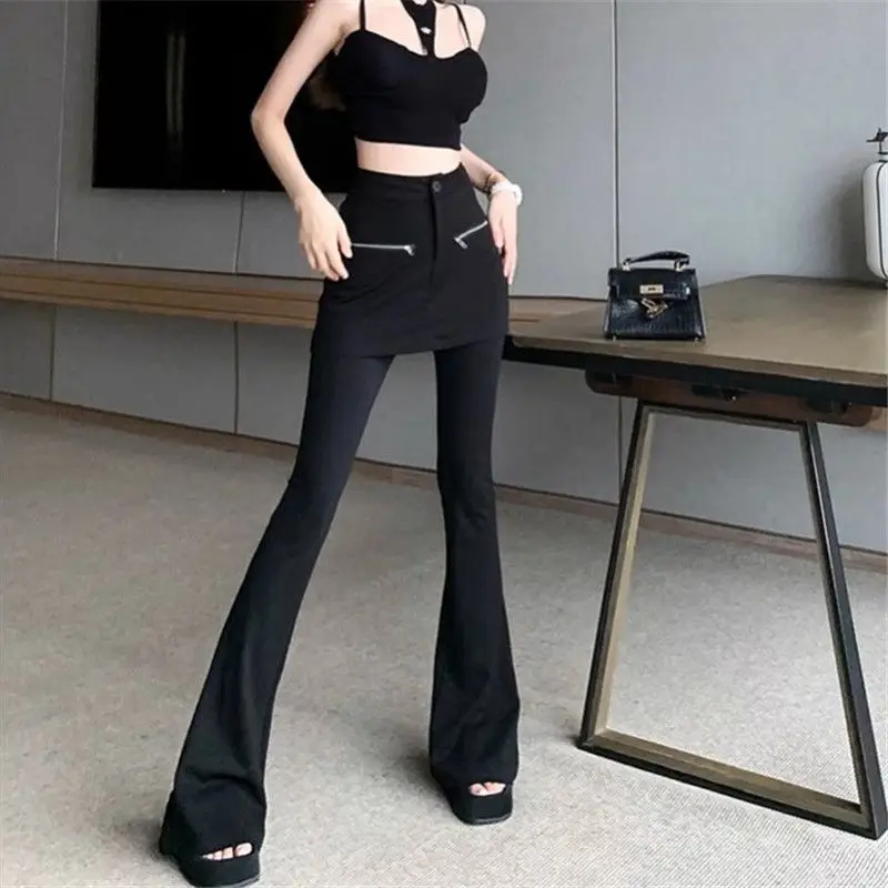 Women's Spring Autumn New Fashion Solid Color Apron Pants Spliced Button Zipper Slim Casual High Waist Floor Length Flare Pants