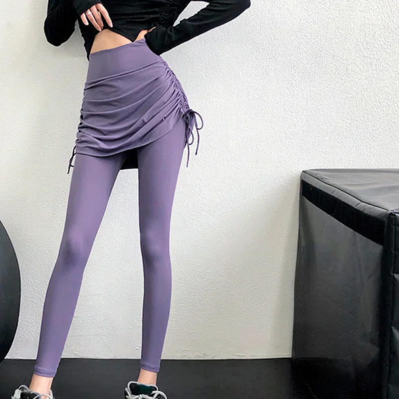 

Женские спортивные штаны для йоги с высокой талией, леггинсы для фитнеса и тренировок, леггинсы на шнуровке, юбка средней длины, имитация двух предметов