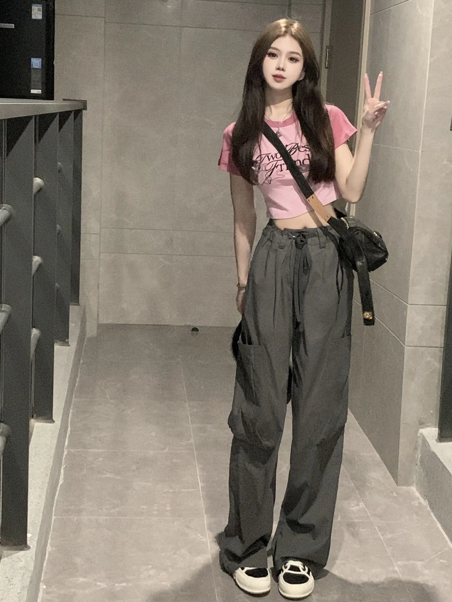 American Short-sleeved T-shirt Women's Spring High Waist Wide Leg Pants Slim Short Top Casual Pants Suit Trousers