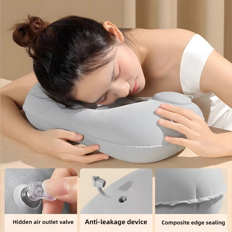 U-shaped Flocking Inflatable Pillow Portable Pillow Auto Inflation Compression Neck Pillow for Outdoor Travel Camping & Hiking