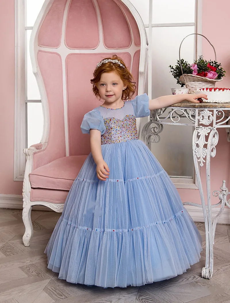 

New Flower Girl Dress for Wedding with Puff Sleeve Tiered Tulle Elegant Girls First Communion Gown Special Day 1-16T