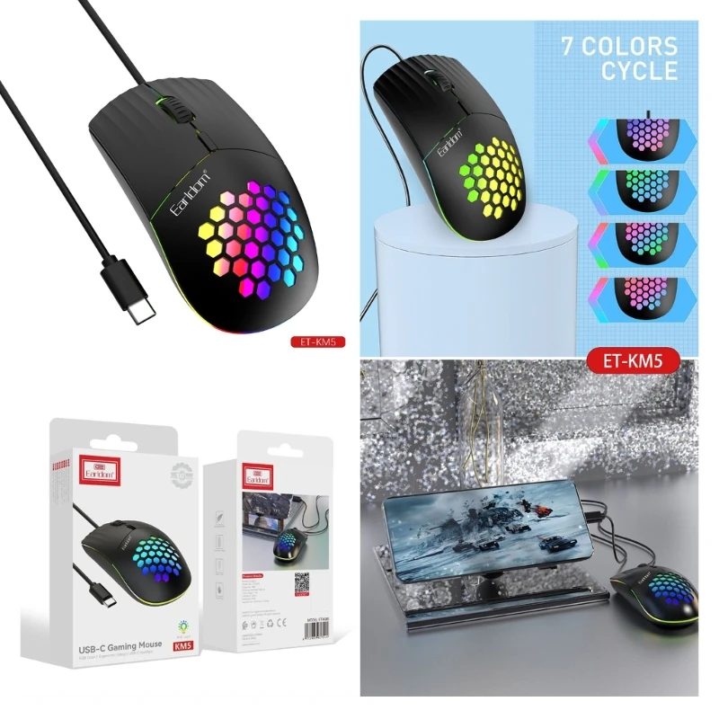 

Ergonomic Type C Gaming Mouse with Adjustable 1600DPI Colorful Lights for Windows PC, Laptop and More USB Type C Devices