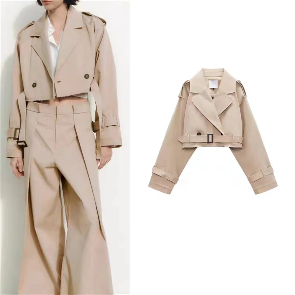 

Новинка 2023, осенняя Стильная универсальная Короткая свободная Повседневная ветровка в британском стиле с воротником-костюмом и длинными рукавами и поясом для женщин