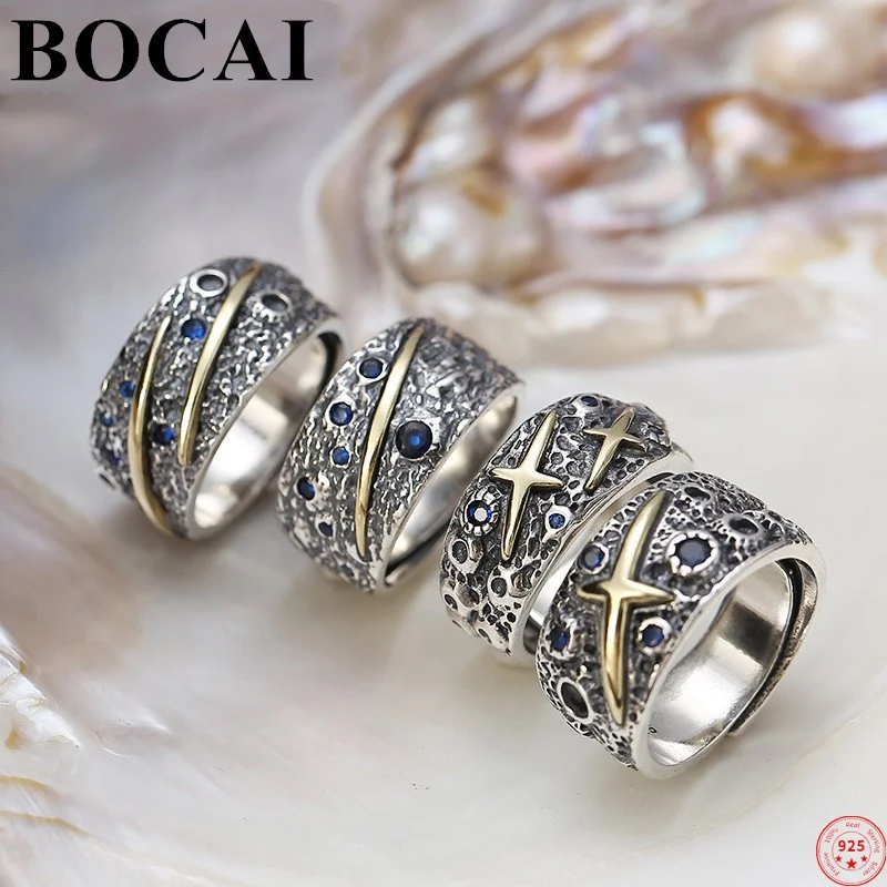 

BOCAI S925 Sterling Silver Rings for Men and Women 2022 Popular Blue Sky Stars Sapphire Pure Argentum Gemstone Jade Jewelry