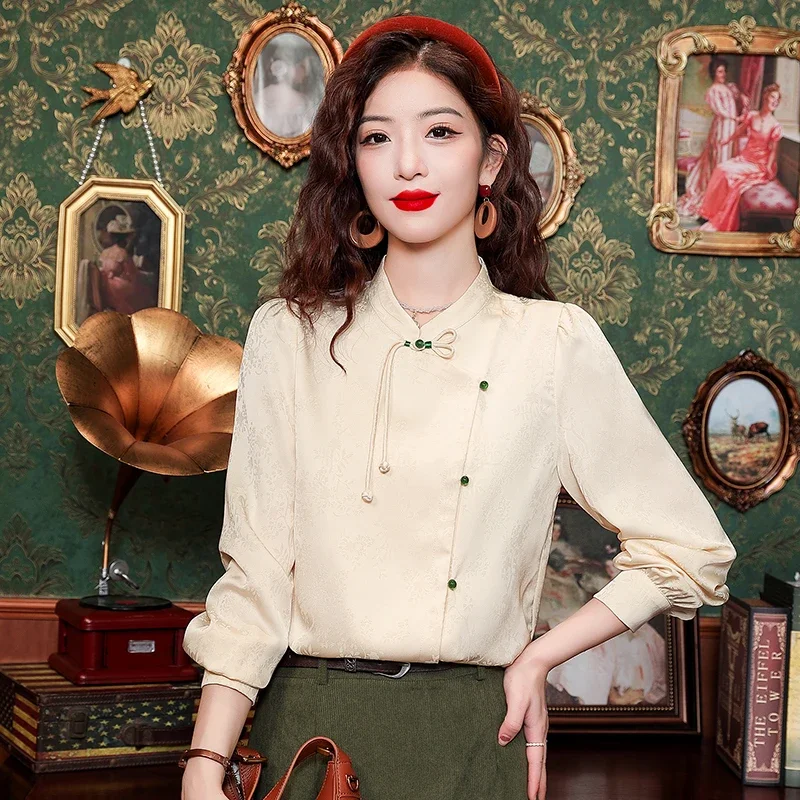 

YCMYUNYAN-Женские атласные Цветочные блузки, свободная шелковая рубашка, винтажная одежда, длинные рукава, китайский стиль, весна, лето