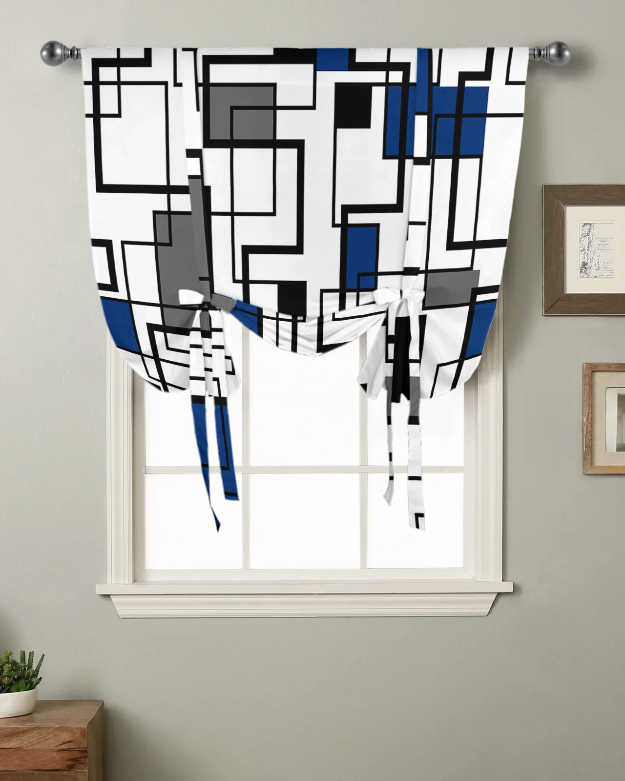 

Abstract Geometry Square Modern Art Black Blue Kitchen Short Window Curtain Modern Home Decor Small Window Roman Tie Up Curtains