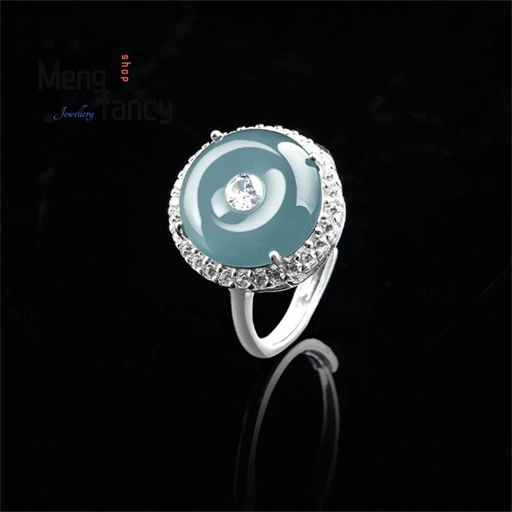 S925 Srebrne Inkrustowane Naturalne A-Towary Jadeitowe Niebieskie Klamry Pokoju Lód Jade Pierścionek Regulowany Wykwintne Eleganckie Moda Luksusowa Bi