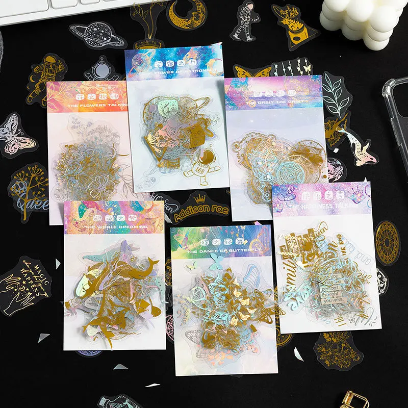 50pcs Decorative Laser Stickers Butterfly Flower Whale Scrapbooking Label Vintage Magic Circle Diary Stationery Art Planner