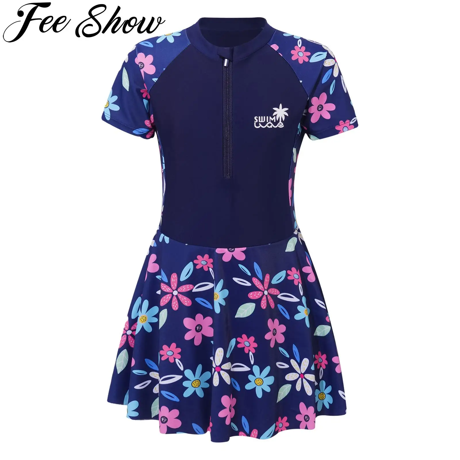 

Kids Girls One-piece Swimsuit Short Sleeve Flower Print Zipper Swim Dress with Built-in Shorts Rush Guard Pool Beach Swimwear