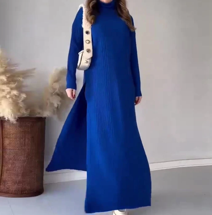 Elegant Two Piece Set for Women 2024 Autumn Solid Color High Neck Side Slit Over Knee Knitted Sweater Dress + Wide Leg Pants Set