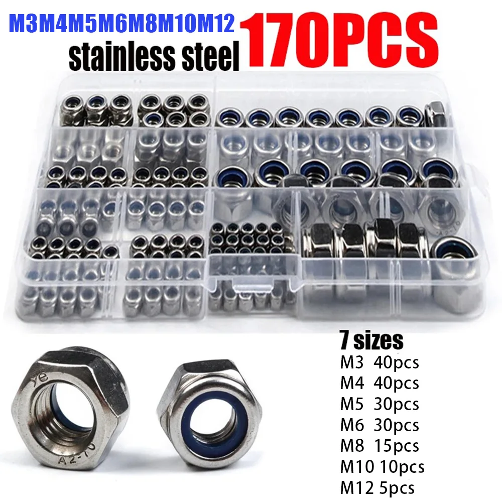 탈착 방지 및 미끄럼 방지 잠금 너트 키트 M3M4M5M6M810M12, 한 상자에 170개, 진동으로 인한 너트 풀림 방지