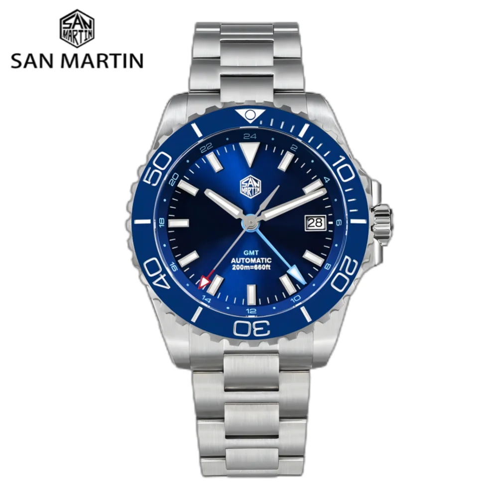 

San Martin 39mm Automatic NH34 Men's Watch Sport GMT Diving 20Bar Enamel Dial Sapphire AR Self Winding Wristwatch Montre SN0136