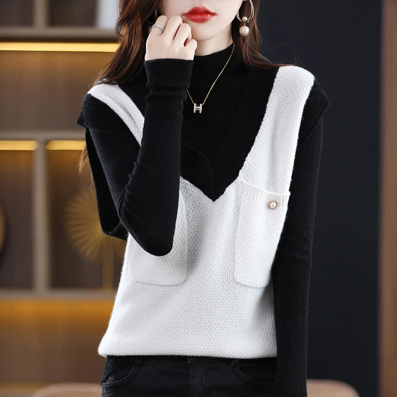 

Spring, Autumn, and Winter Pure Wool Knitted Vest Women's V-neck Loose Double Pocket Color Matching Design Tank Top