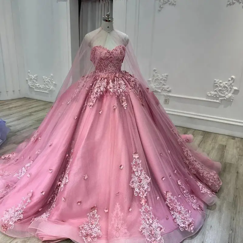 

Charming Pink Sweetheart Backless Flowers Appliques Evening Dress 2024 Ball Gown Floor Length Sweep Train Quinceanera Dress