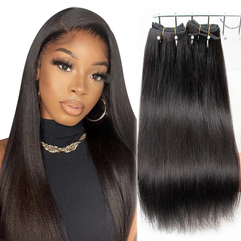 MRS HAIR Light Yaki Bundles Human Hair Yaki Straight Hair Bundles Remy Double Weft Bouncy Fluffy #1B Natural Black 26inch 100G