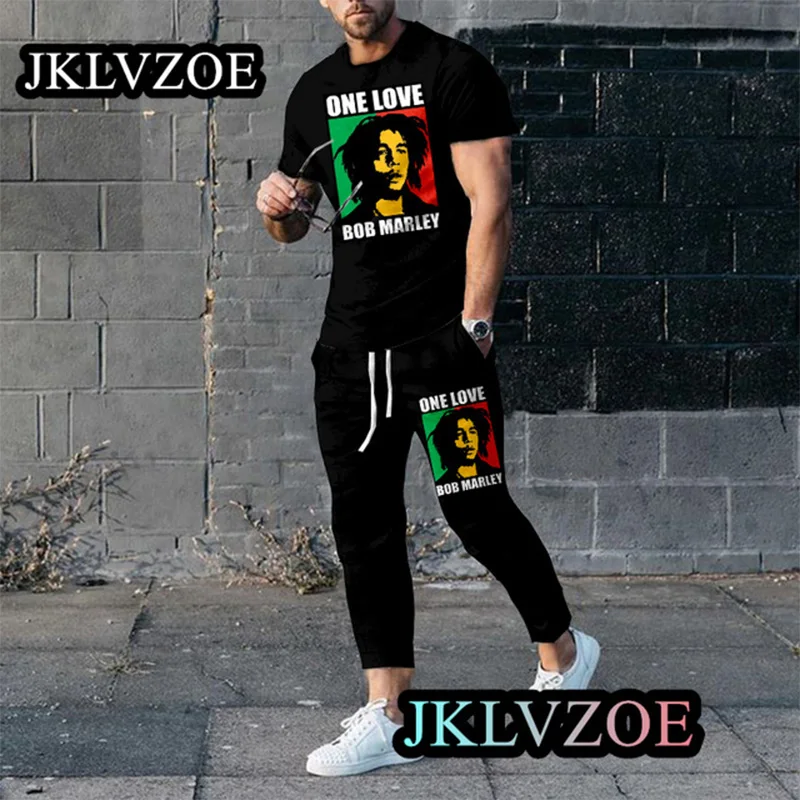 Men's Trousers Tracksuit Bob Marley Summer Jogger Sportswear Short Sleeve T Shirt+Long Pants Casual Outfit Reggae Music Clothes