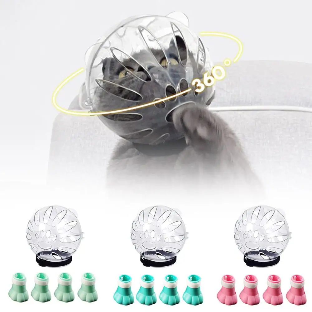 Cat Muzzle and Boots Anti Bite Cat Breathable Hood Anti-Licking Clear Reusable Helmet with Paw Cover Anti-Scratch Paw Shoes