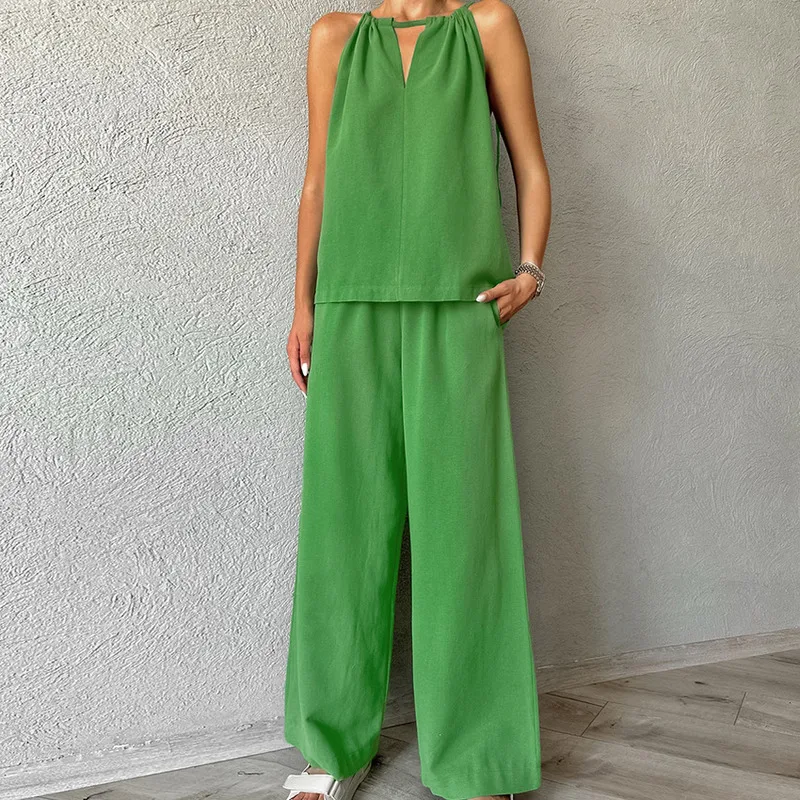 Fashion Suspender High Waisted Wide Leg Pants Casual Women's Set 2024 Summer and Autumn New Solid Color Versatile Two-piece Set