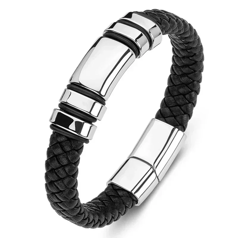 Classic Black Single Layer Hand Braided Leather Bracelet with Magnetic Closure Men's Charm Fashion Casual Jewelry Gift bangle bracelet leather bracelets leather bracelet woven bracelets magnetic bracelet