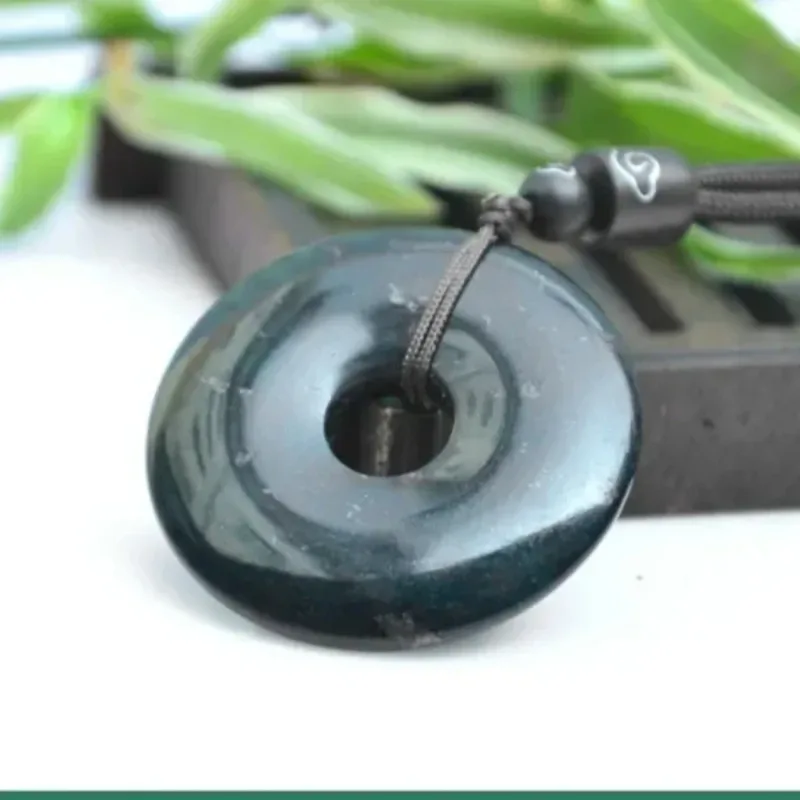 Natural Black Green Jade Doughnut Pendant Necklace Hetian Stone Carved Chinese Jadeite Jewelry Charm Amulet Gifts for Women Men