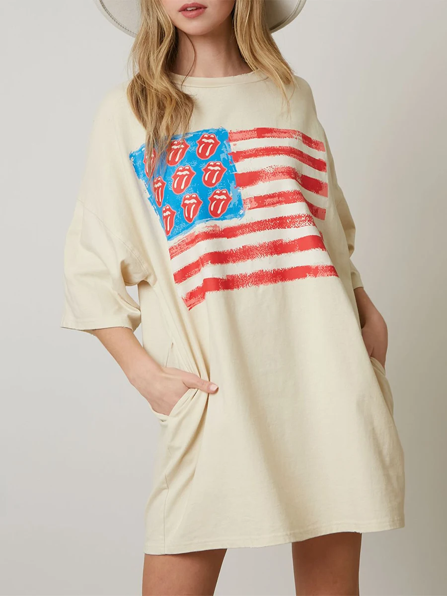 

Women's 4th of July Tops Short Sleeve Round Neck Flag Print Oversized T-Shirts Summer Mini Dress