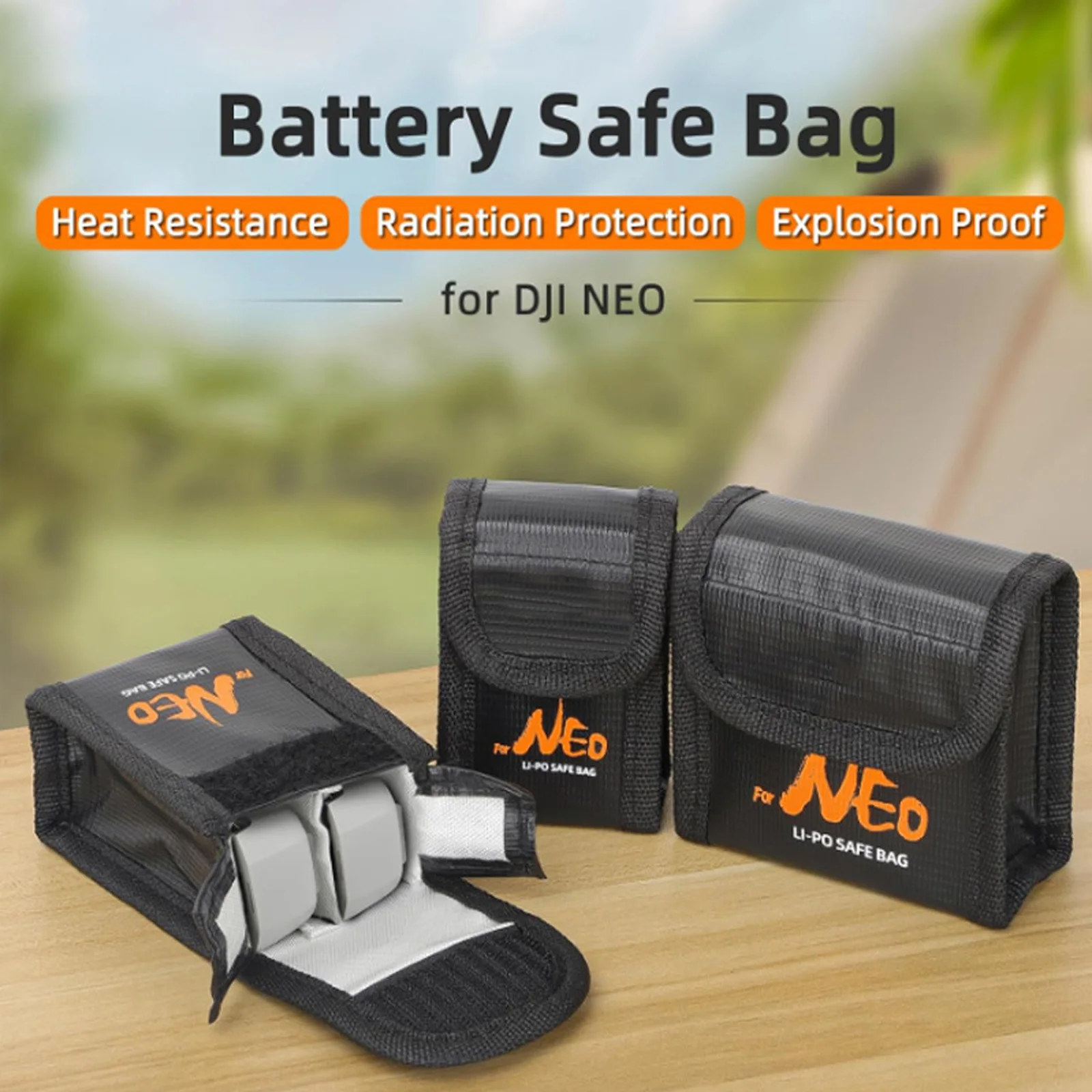 Sacoche de protection ignifuge pour batterie DJI Neo, vue de profil avec sa fermeture éclair.