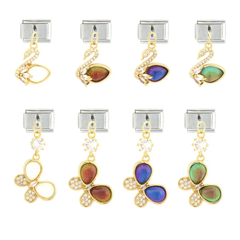 

Italian DIY Bracelet Stainless Steel 9mm Module Inlaid with Colorful Crystal Swan Butterfly Vintage Fashion Chains Jewelry